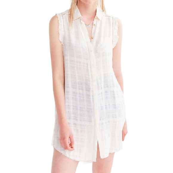 URBAN OUTFITTERS KIMCHI BLUE IVORY ALLISON FRAYED BUTTON-DOWN TUNIC TOP sz S